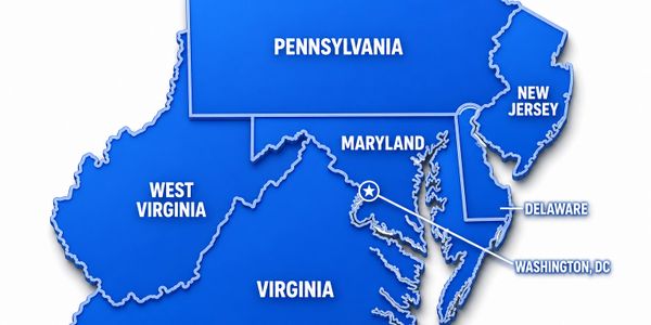 Map showing Pennsylvania, New Jersey, Delaware, Maryland, Washington DC, Virginia, and West Virginia.