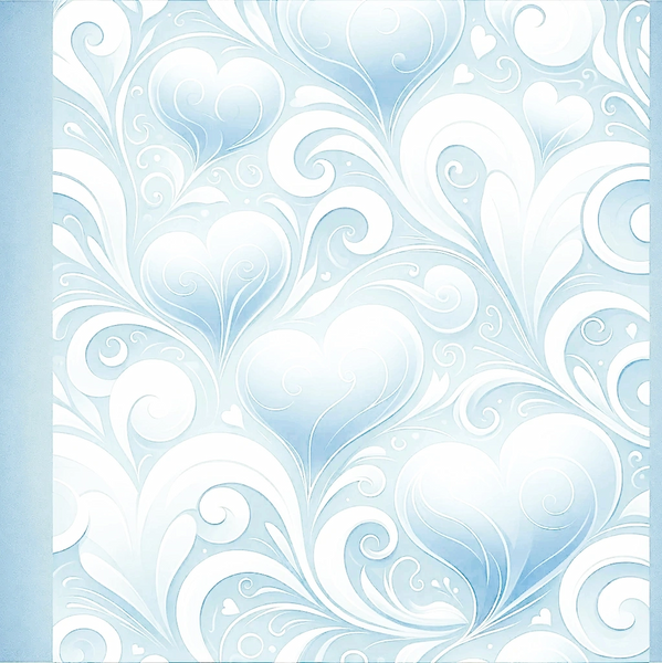 Light blue and white  luminescent hearts and swirls on a lighter blue back ground.