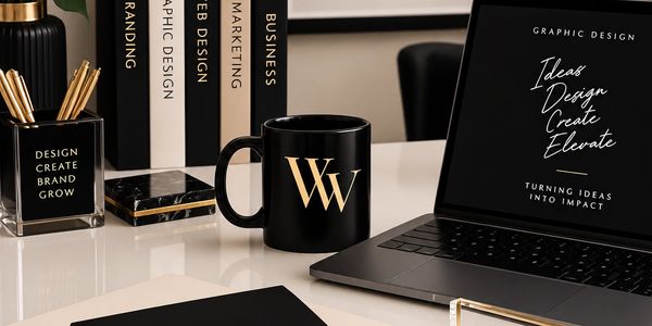 Stylish workspace with a black mug, laptop, and books on design and marketing.