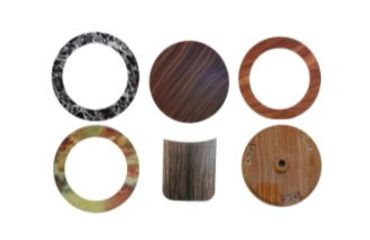 Six circular and one rectangular objects with wood and marble textures.