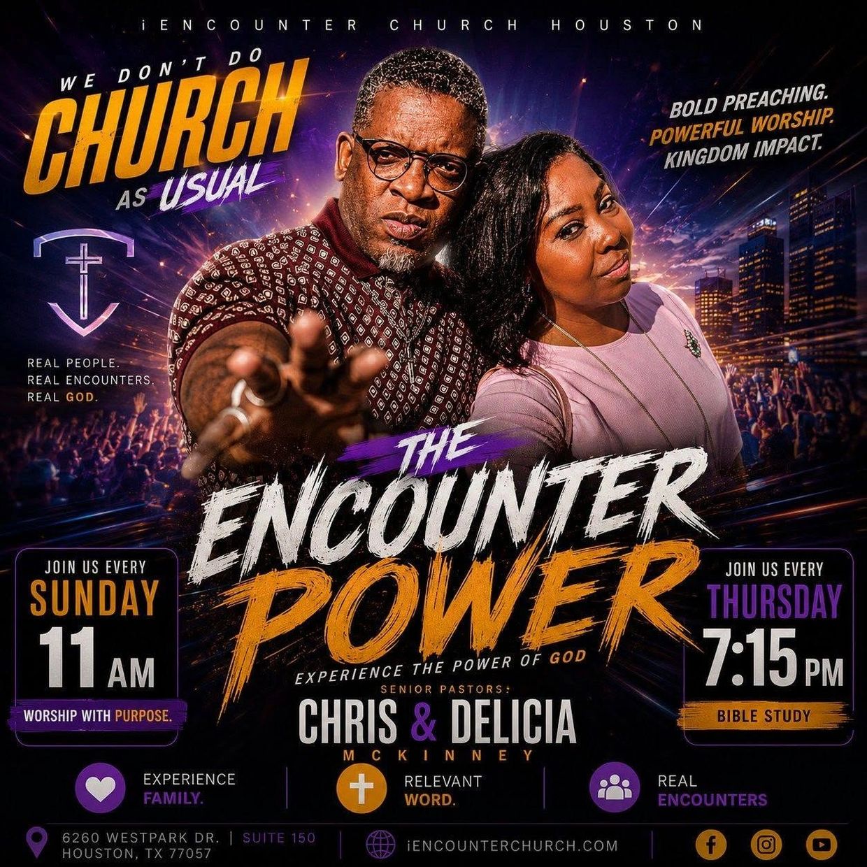 Church service announcement featuring pastors Chris and Delicia McKinney with worship and Bible study times.