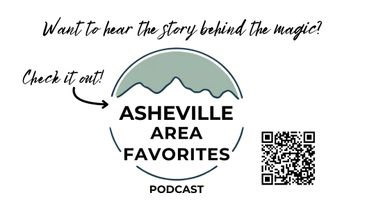 Promotional image for Asheville Area Favorites podcast with a QR code.