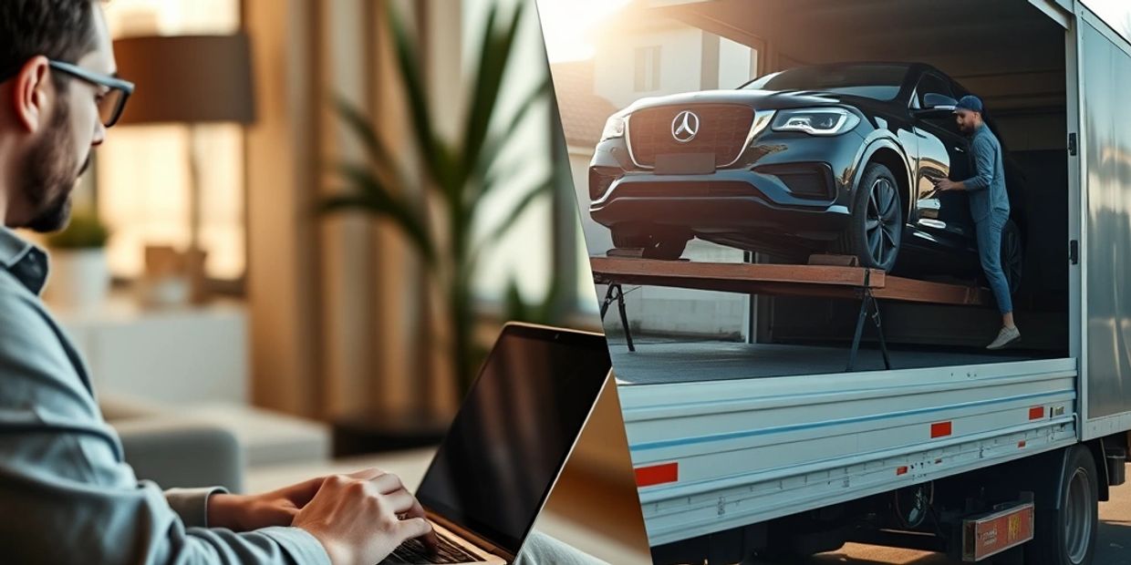 Man buying a car online and  split screen a driver loading a car on a carrier