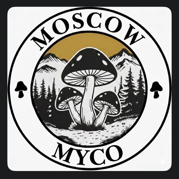 Logo with mushrooms and mountain scenery labeled Moscow Myco.