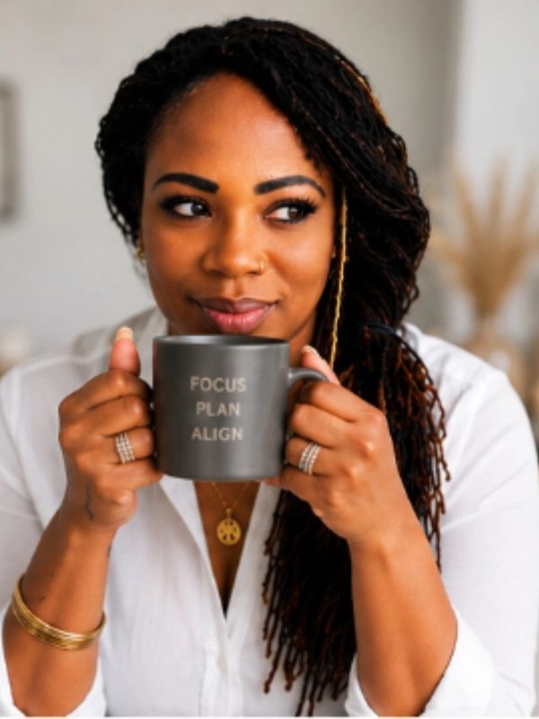 Woman holding a mug with motivational words: Focus, Plan, Align.