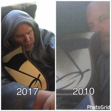 Man sleeping with a smiling pillow in 2010 and 2017.