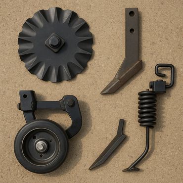 Various black metal mechanical parts arranged on a beige surface.