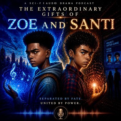 Sci-fi audio drama podcast cover featuring two boys with glowing powers and a city backdrop.