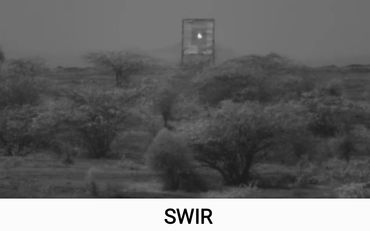 A SWIR image showing a landscape with scattered trees and a distant illuminated structure.