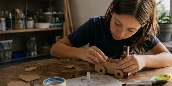 Child building a wooden toy truck.