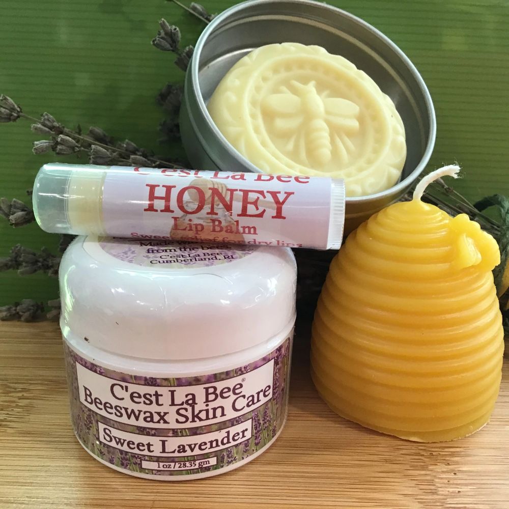 Lotion bar, lip balm, lavender salve,
Beeswax candle