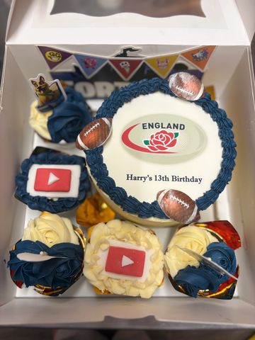 Birthday cupcakes with England rugby theme and YouTube icons.
