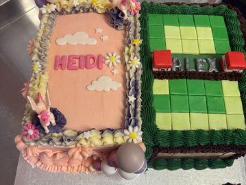 9x13” rectangle cake. This cake was divided into two themes for twins birthday!