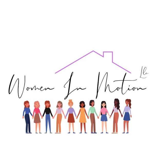 Logo reading Women In Motion LLC written in cursive font withWomen holding hands. 