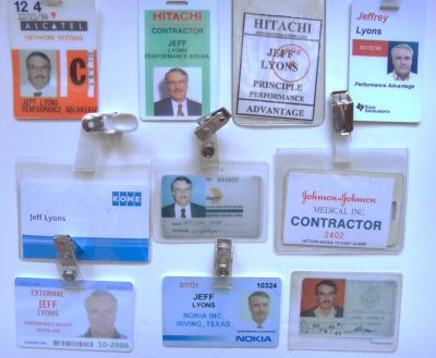 Collage of various identification badges for Jeff Lyons from different companies.