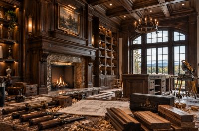 Luxurious wooden home library with fireplace and telescope.