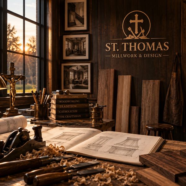 Woodworking workshop with detailed architectural sketches and tools.