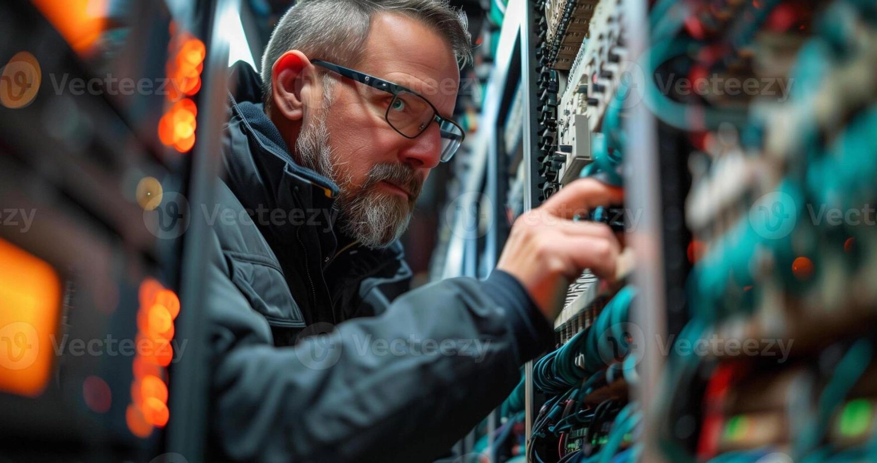IT technician working on server rack in data center.