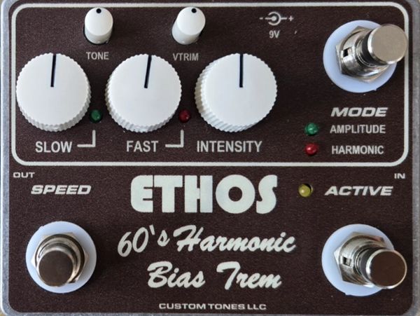 Guitar effects pedal ETHOS 60's Harmonic Bias Trem with knobs and switches.