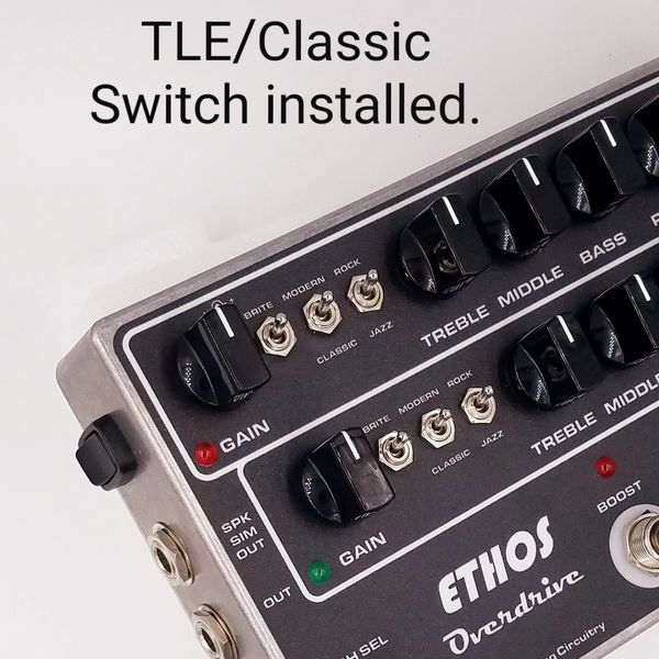 Close-up of an ETHOS Overdrive guitar pedal with TLE/Classic switch installed.