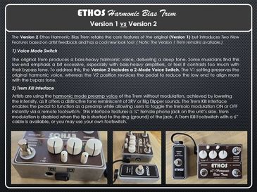 Comparison of Ethos Harmonic Bias Trem Version 1 and Version 2 features and controls.