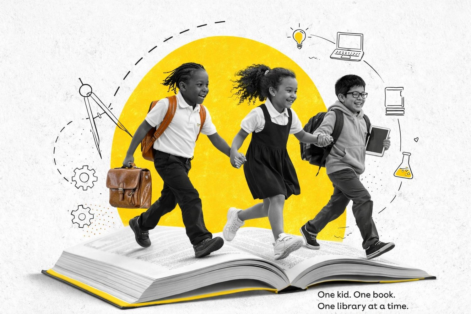 Three joyful kids holding hands and walking on an open book with educational icons.