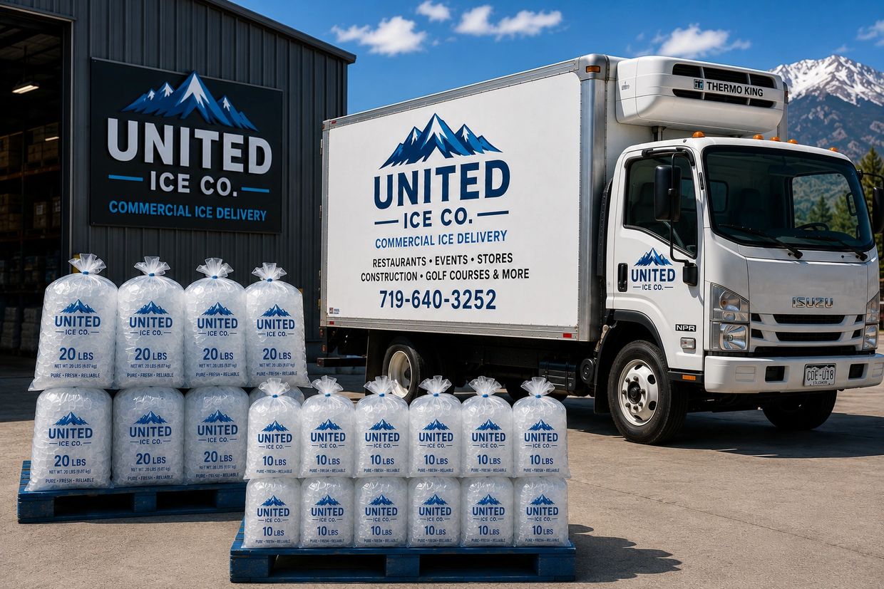 United Ice Co. Ice delivery with 10 lb and 20 lb bags of ice ready for delivery in Colorado Springs.
