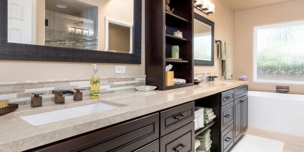 Transitional stained vanity bathroom cabinets