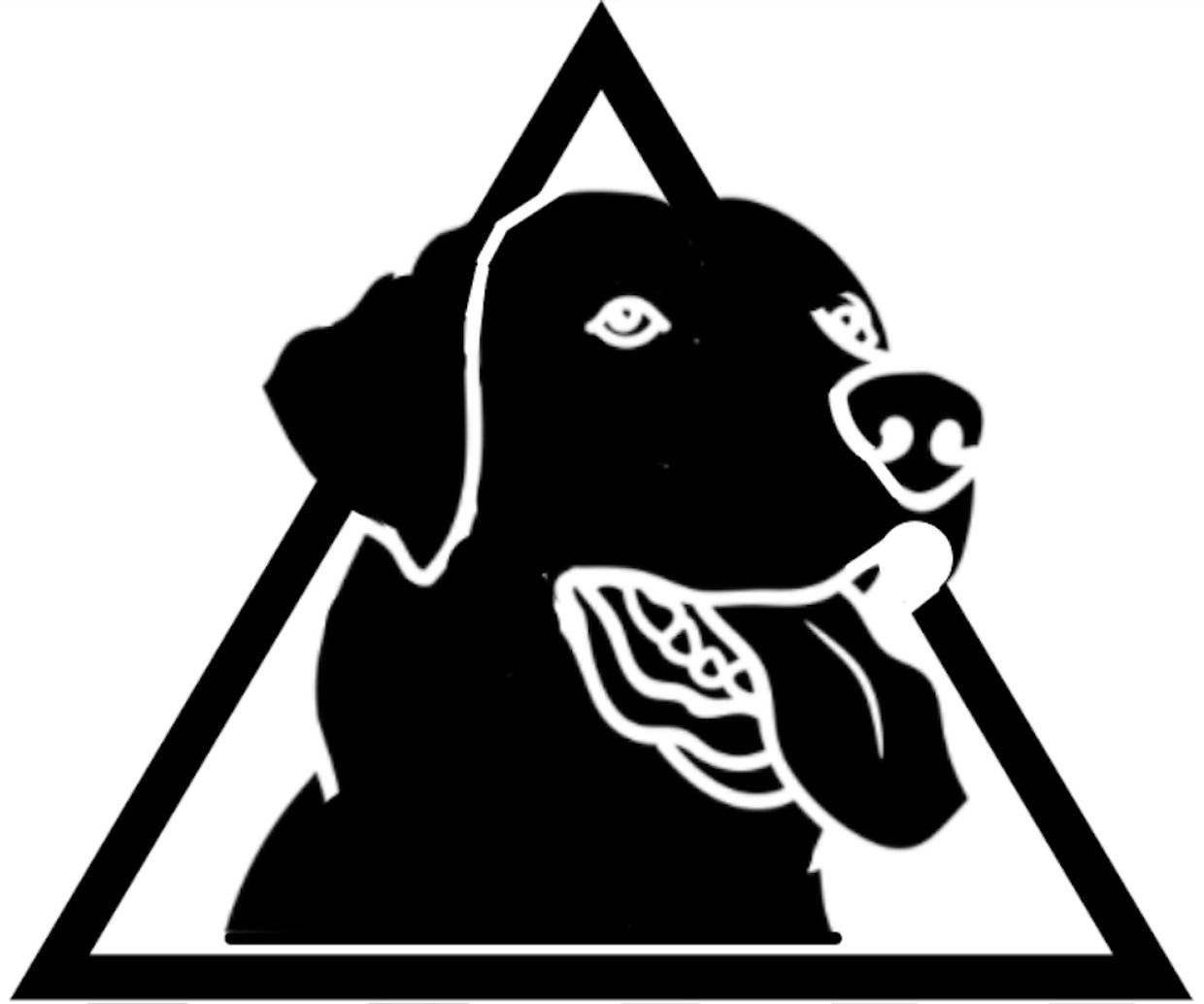 Black and white MAV Electric Bikes logo.  Our black lab with a triangle in the background.