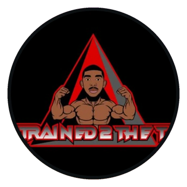 Muscular man flexing with 'TRAINED 2 THET' text and red triangular design.