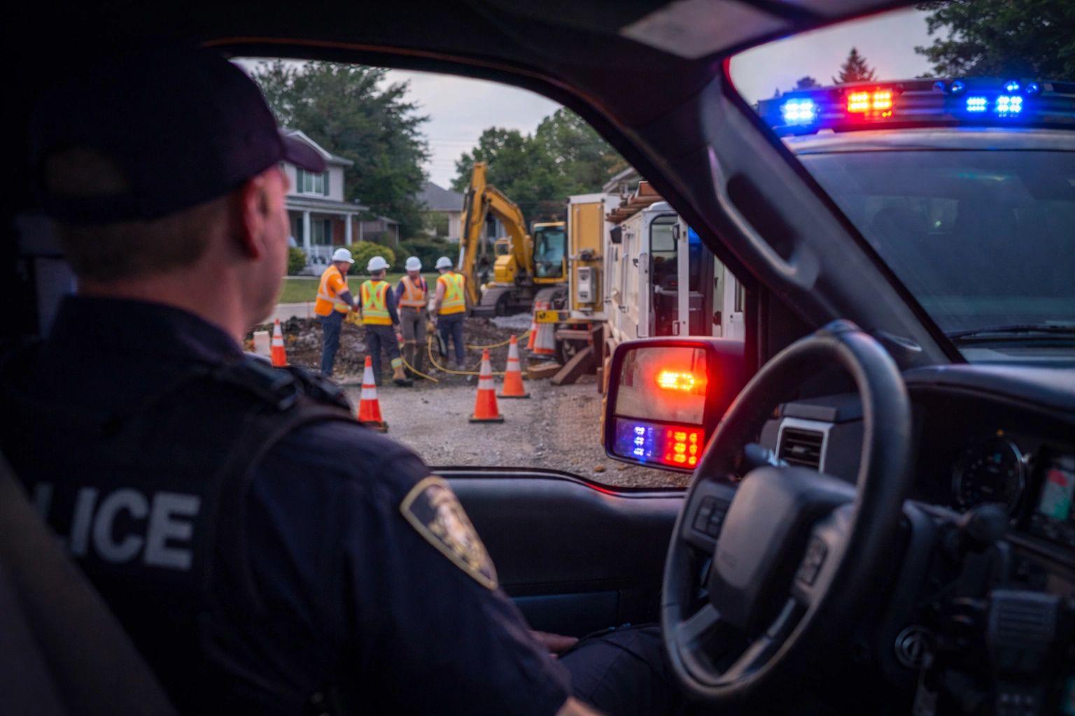 A uniform police officer providing security services at a worksite