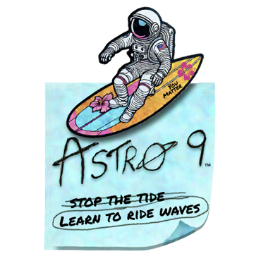Astronaut surfing on a colorful surfboard with motivational text.