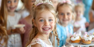 Smiling girl in party dress with cupcakes, surrounded by friends.
