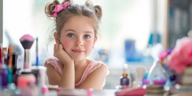 A young girl with blue eyes and pink bows sits at a makeup table.