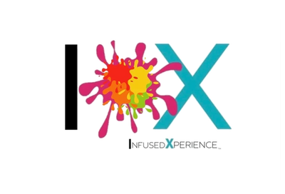 Logo with colorful paint splatter and letter X.