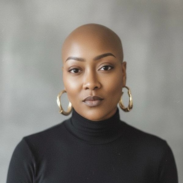 Confident woman with a shaved head, gold hoop earrings, and a black turtleneck.
