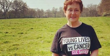 Pete's mum in Clic Sargent tshirt during fundraising walk