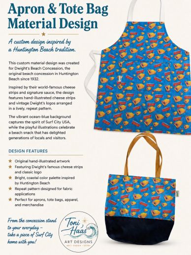 Apron and tote bag featuring hand-illustrated cheese strip design inspired by Huntington Beach tradition.