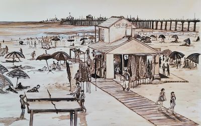 A sepia-toned sketch of a busy beach with a lifeguard station and pier.