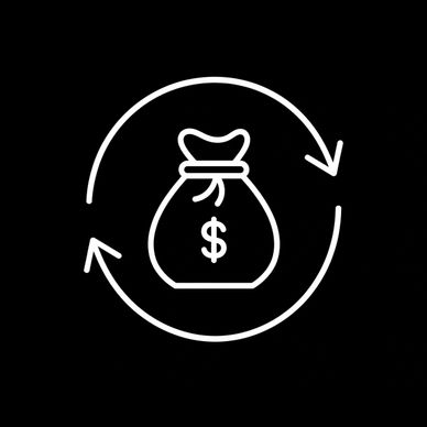 White money bag icon with circular arrows on black background.
