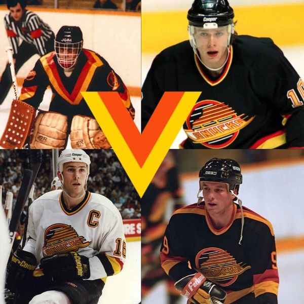 Four hockey players wearing Vancouver Canucks uniforms from different eras.