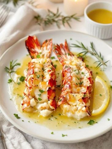 Grilled lobster tails drizzled with herb butter and garnished with lemon.