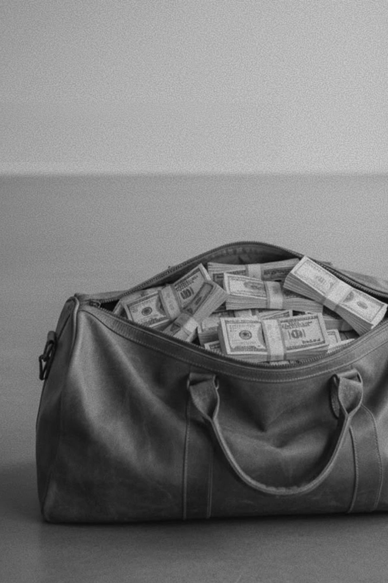 Leather bag filled with bundles of cash.