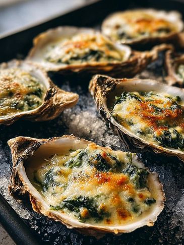 Baked oysters topped with spinach and melted cheese on a bed of salt.