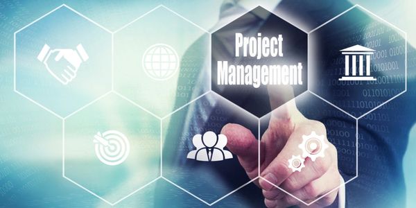 Businessman points to virtual icon labeled 'Project Management' on digital interface.