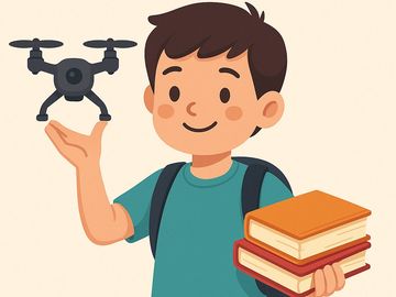 A boy holding a drone and a stack of books.