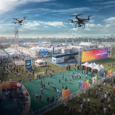 Outdoor event with drones and people.