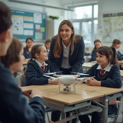 Teacher and students discussing a drone in a classroom.