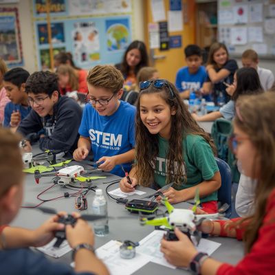 Students engaged in a STEM robotics class, building and programming drones.
