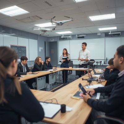 Team discusses drone technology in a modern conference room meeting.